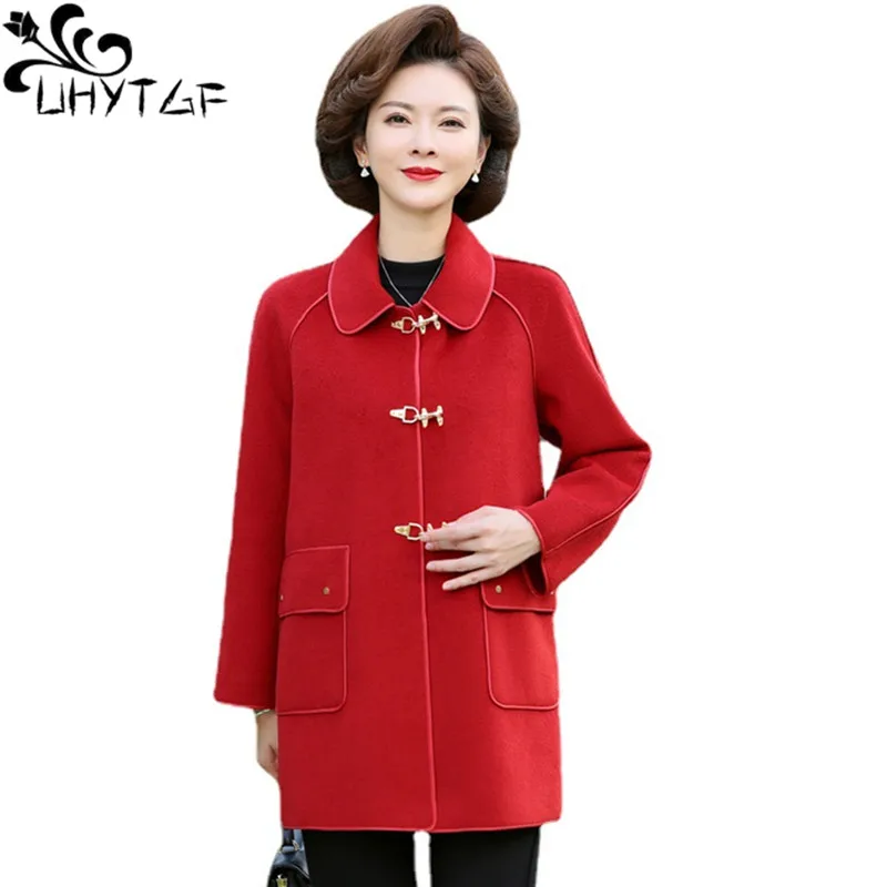 

UHYTGF Casual Autumn Jackets Women 2022 Single-Breasted Quality Woolen Coat Female Mid-Length Mother Windbreaker Ladies 5XL 2221