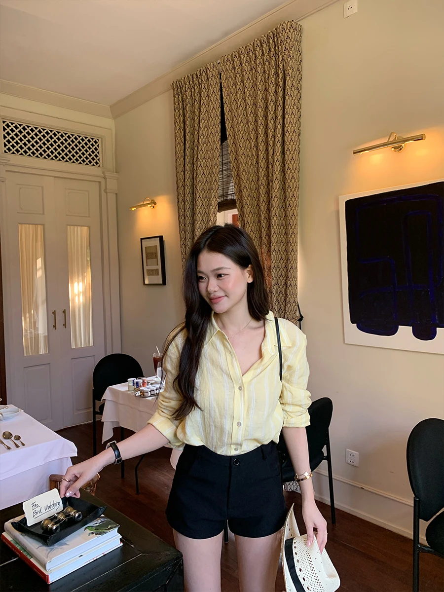 

Lazy Zoe Linen Stripe Shirt And Short Set Women's Casual Summer Outfit Breathable Long Sleeve Shirt with Black Pants