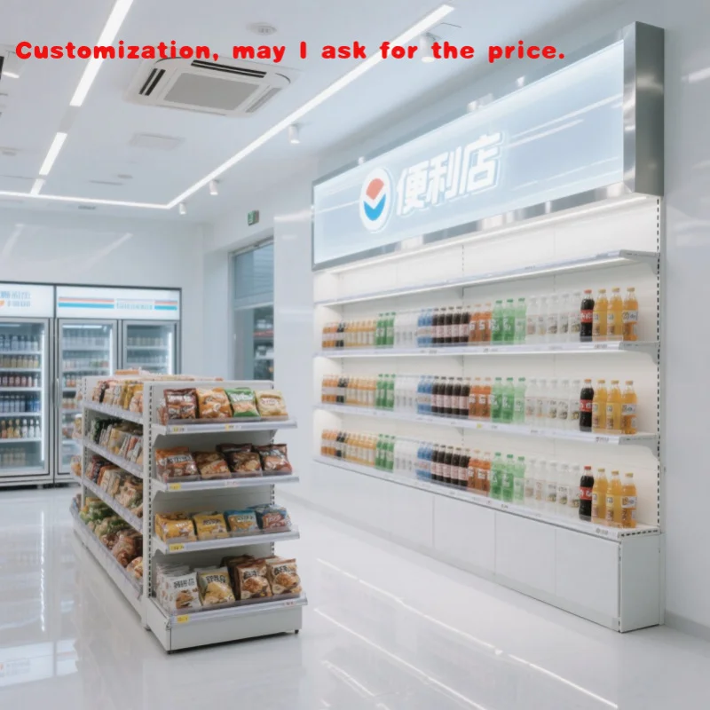 custom.Supermarket Rack Display Stand with Single-Sided LED Light Metal & Wood Construction Exhibition Grade Trade Show Shelves