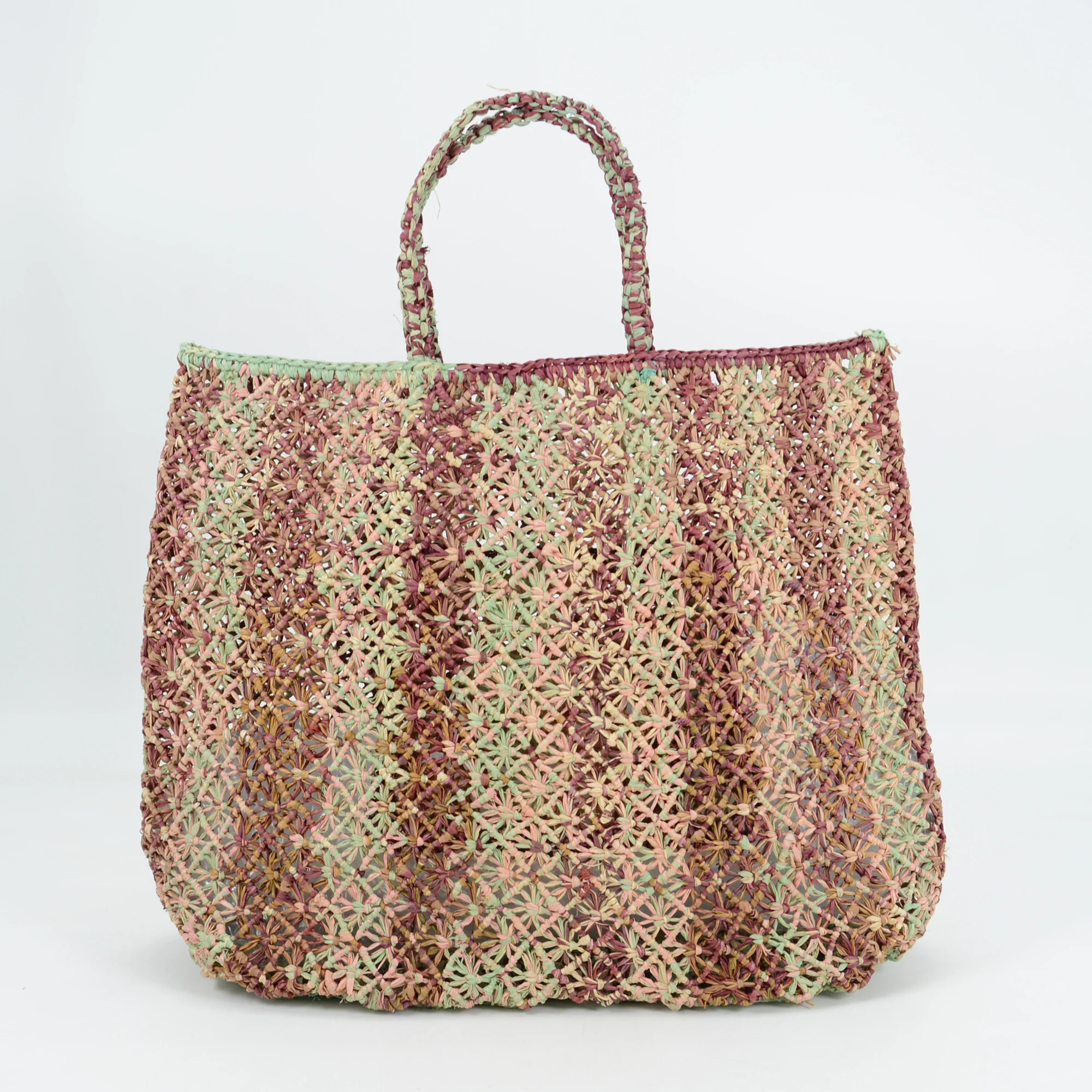 Handmade Crocheted Hollow Out Designer Colorful Striped Straw Raffia Tote