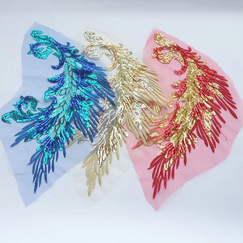 Handmade Phoenix Tail Feather Sequined Embroidery Patches DIY Clothing Applique Sequin Embroidery Stage Costumes