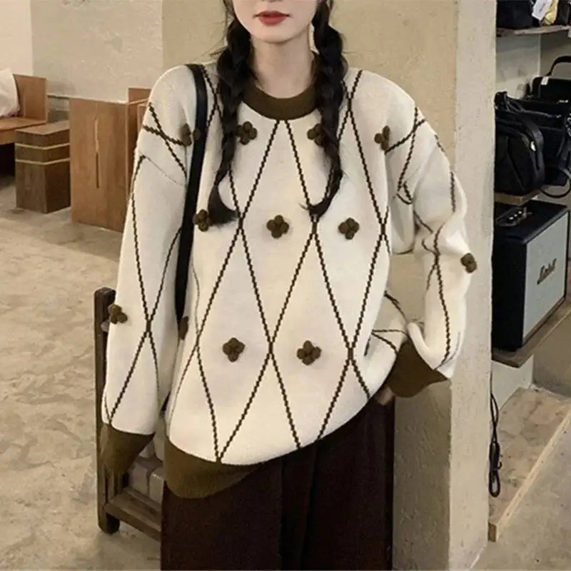 

Floral Trim Sweet Pullover Sweater Women Japanese Lazy Thicken Knitted Jumpers Autumn Winter Simple High Quality Bottoming Tops