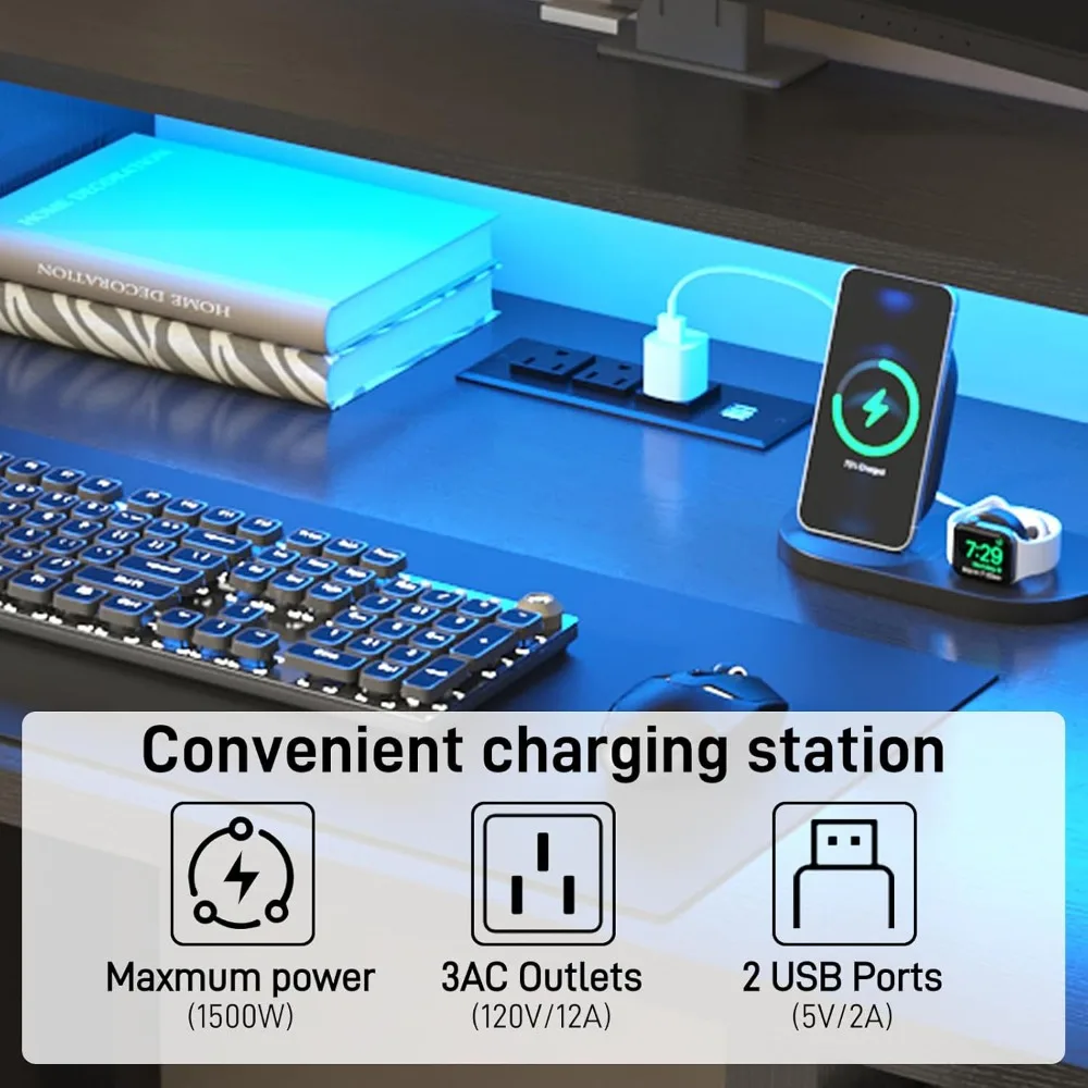 59" Farmhouse Computer Desk with 4 File Drawer & Power Outlet & Led Lights, Wood Home Office Desk with Long Monitor Stand, Compu
