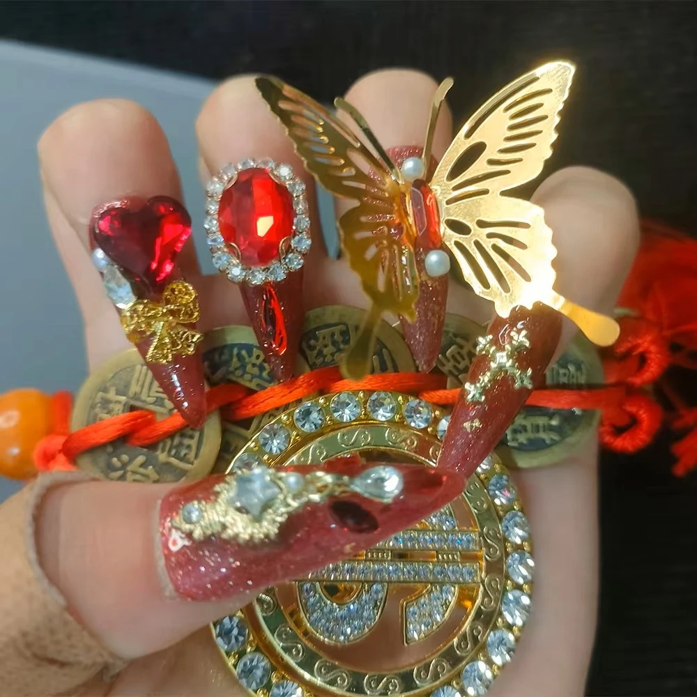 10Pcs High Quality Handmade Press on Nails Heavy Industry's Joyful Palace Style Bridal Chinese Style Luxury Niche Spicy Girl