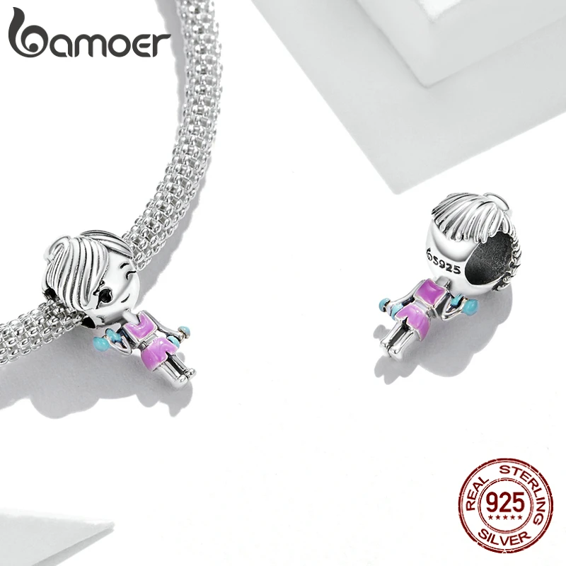 bamoer Cute 925 Sterling Silver Gym Clothes Pink Workout Girl Charm Princess Dumbbells Charm for Bracelet Women Fashion Jewelry