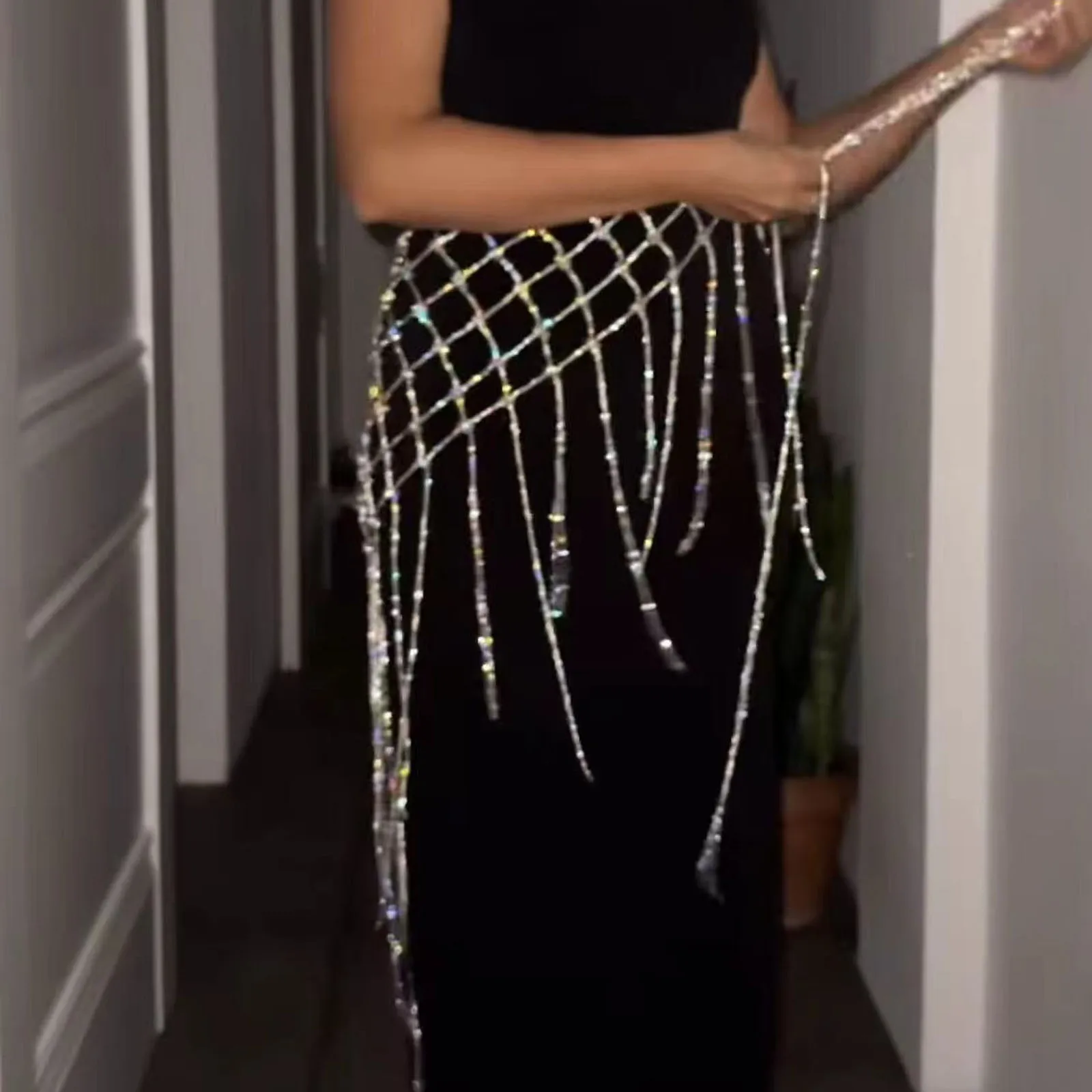 

Beachapche Festival Sexy Rhinestone Hollow Out Fringed Skirt Summer Women's Metal Skirt Night Girl Costume