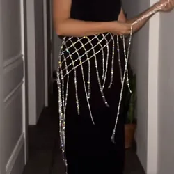 Beachapche Festival Sexy Rhinestone Hollow Out Fringed Skirt Summer Women's Metal Skirt Night Girl Costume