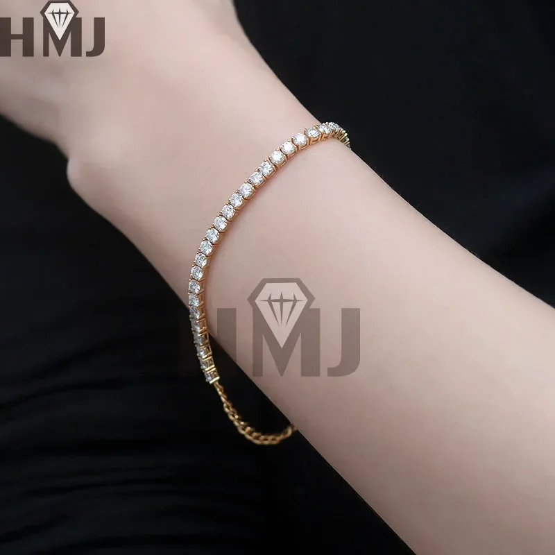 HMJ Moissanite Stone Tennis Bracelet Original S925 Sterling Silver Plated 18k Yellow Gold with GRA Bracelets for Women Man
