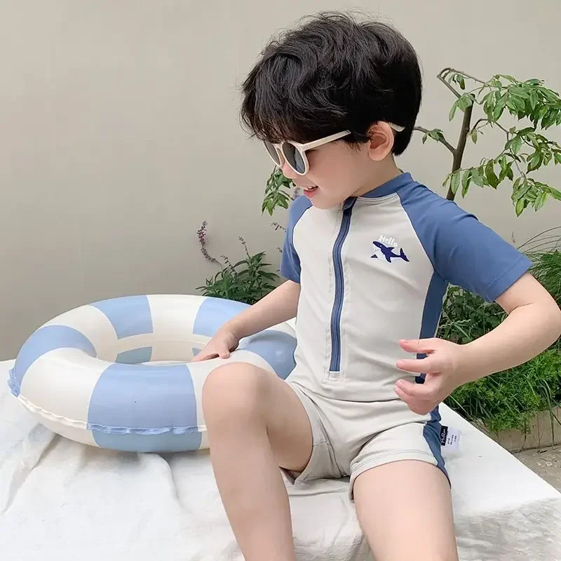 1-9 Years One-piece Short Sleeved Swimsuit Boys Summer Cute Shark Sun Protection Children's Seaside Vacation Set Baby Swimwear