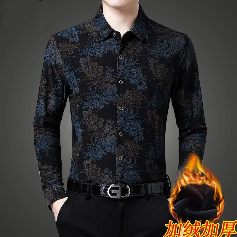 Printed Fashionable Plush and Thickened Winter Men\'s Lapel Long Sleeved Floral Shirt Casual Loose Fitting Warm Versatile Top