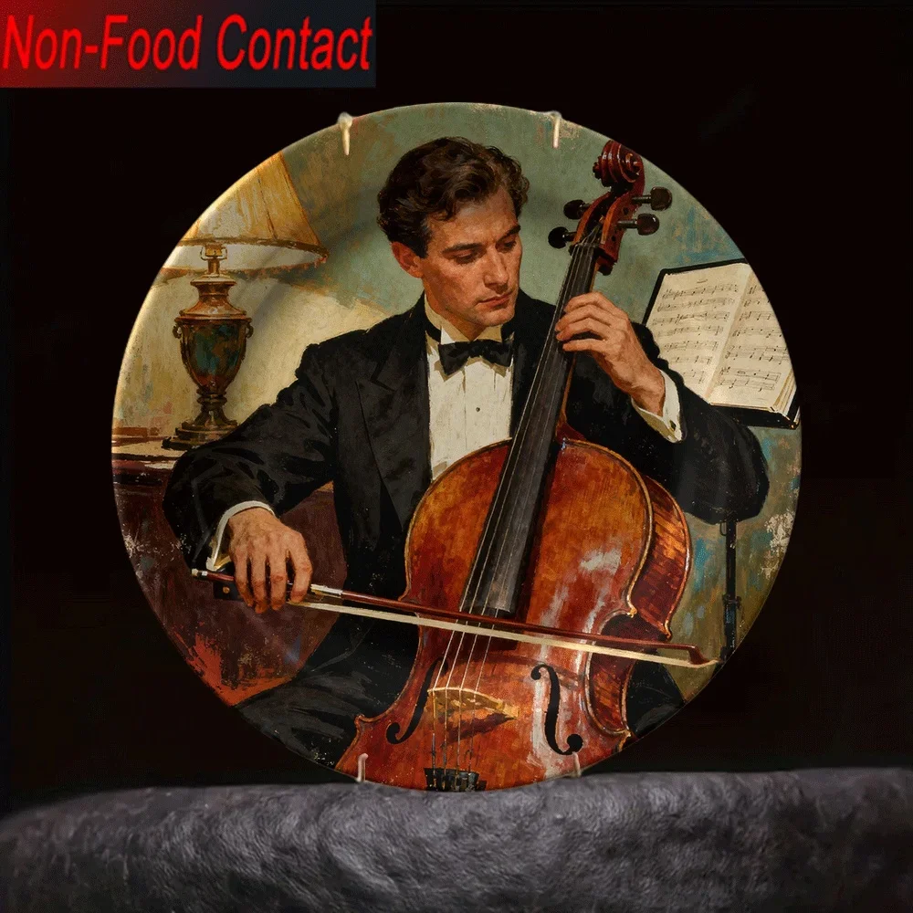 1pc Ceramic Cello Player Figurine - Hand-Painted-Look Classical Music Decor, Cello-Themed Round Ornament for Home, Tabletop,