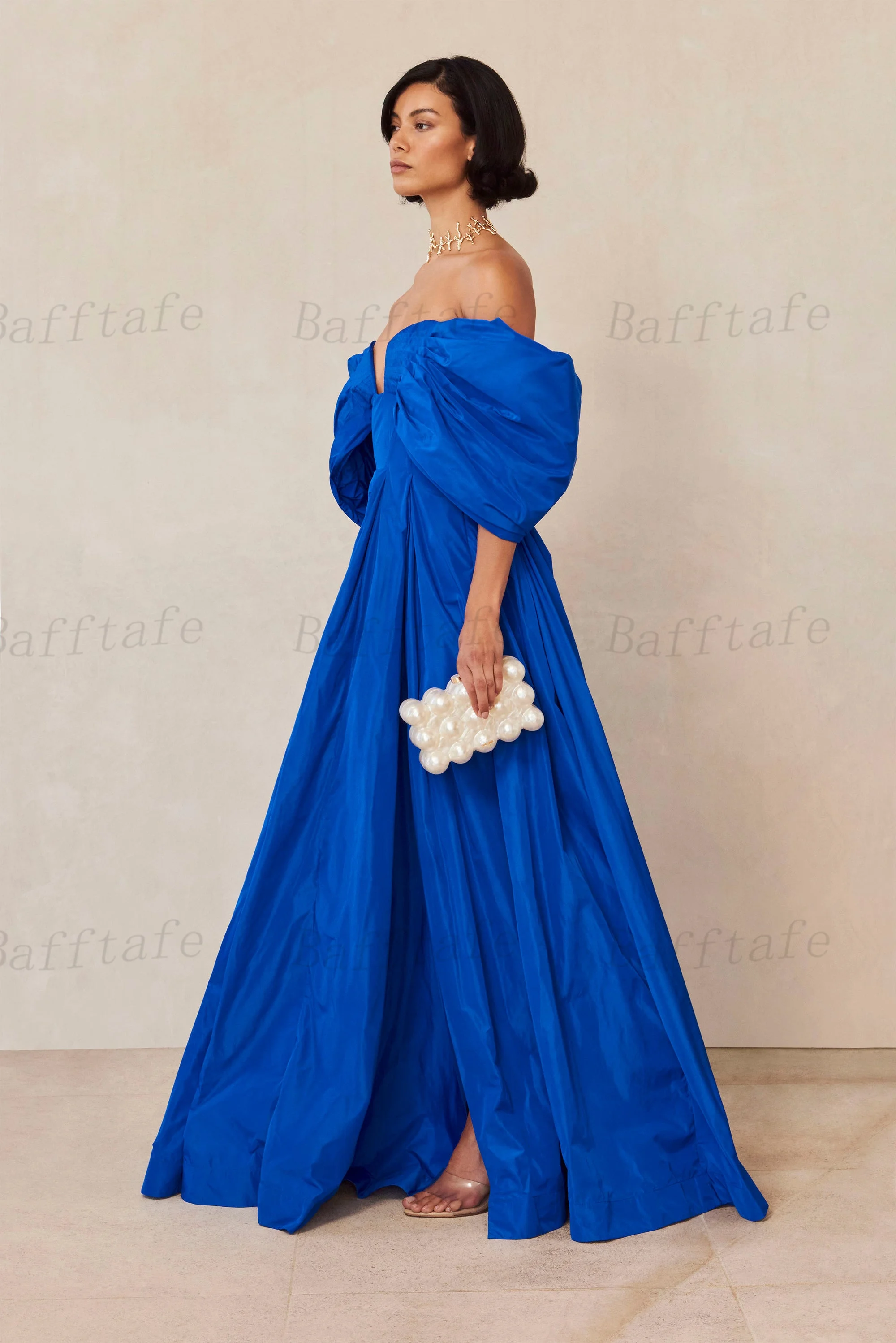 Bafftafe Royal Blue Taffeta Women Prom Dresses Customized Off Shoulder Slit Evening Gowns Formal Special Occasion Party Dress