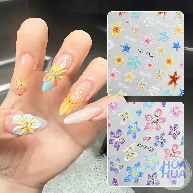 ZZ 5D Colorful Lily Petals Relief Nail Art Sticker Multicolor Dimensional Petal Blossom Embossed Texture Vibrant Flower Manicure