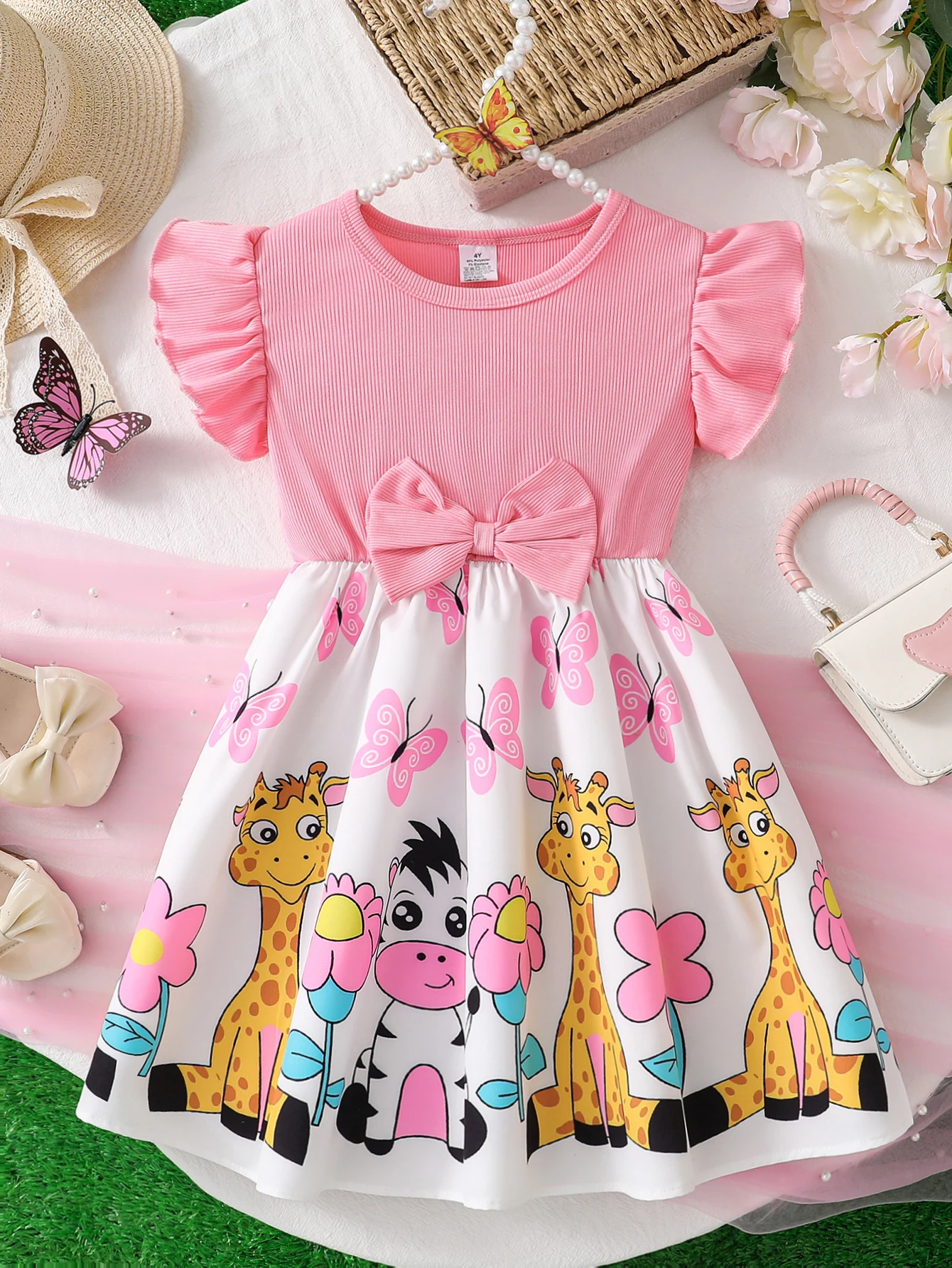 

2025 Fashion New Girls' Cool summer knitted pink bow cartoon Animal print dress