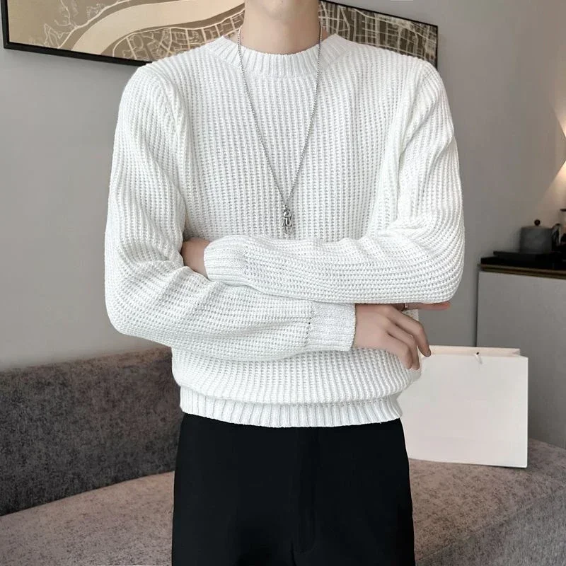 Pull en Tricot à Col Rond pour Homme, Vêtement de Couleur Unie, Noir, Mode Coréenne, 2024 Laine, A