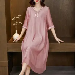 Casual Summer Half Sleeve Dresses 2023 Female Clothing Stylish Embroidery Loose Straight All-match Solid Color V-Neck Midi Dress