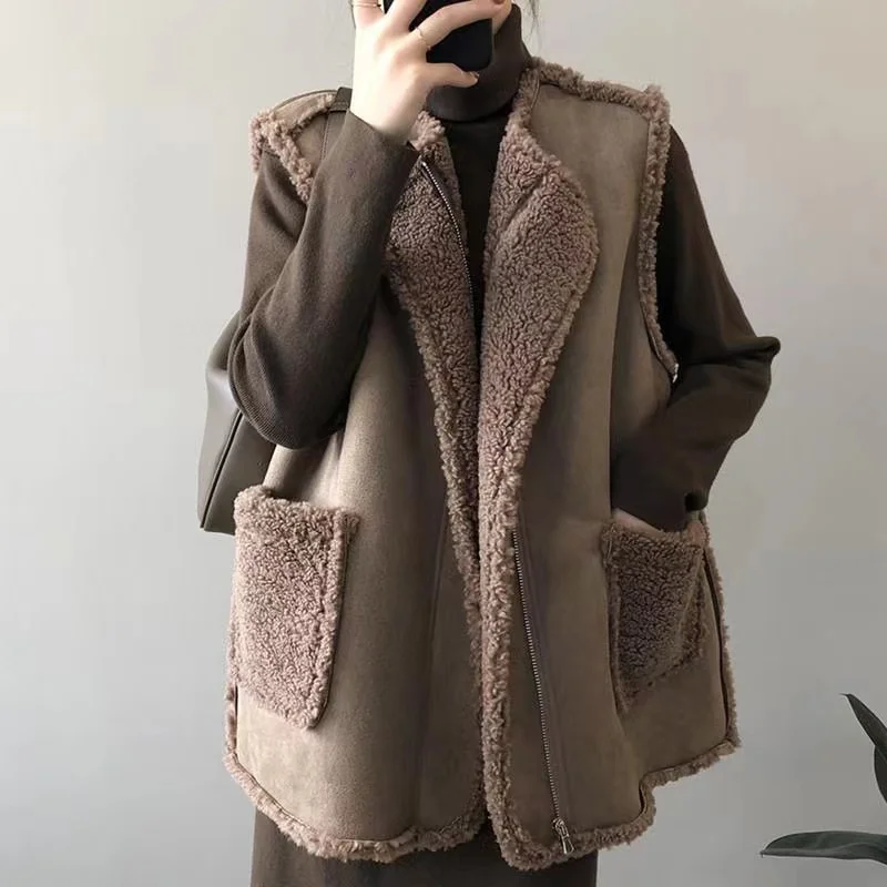 

Women's Autumn Winter Lamb Wool Vest Jacket Korean Loose Two Sided Wearing Deer Fur Sleeveless Coat Female Casual Zipper Jackets