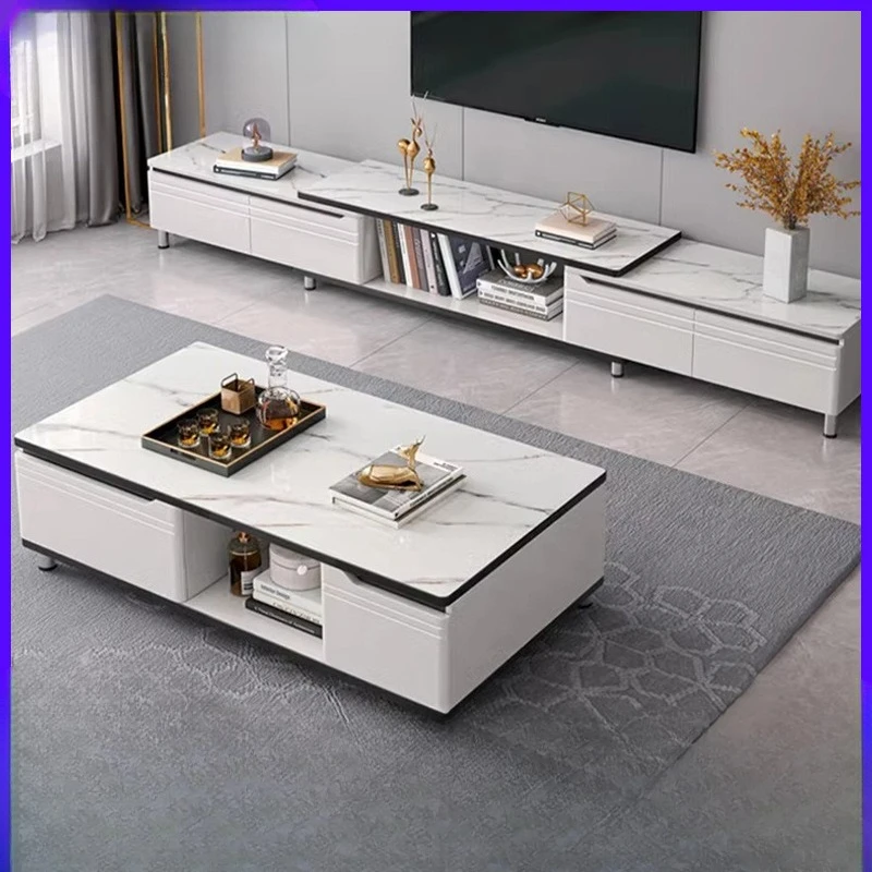 خزانة تلفزيون حديثة وبسيطة لغرفة المعيشة، خزانة تلفزيون قابلة للسحب من الأرض إلى السقف، طاولة قهوة، طاولة شاي