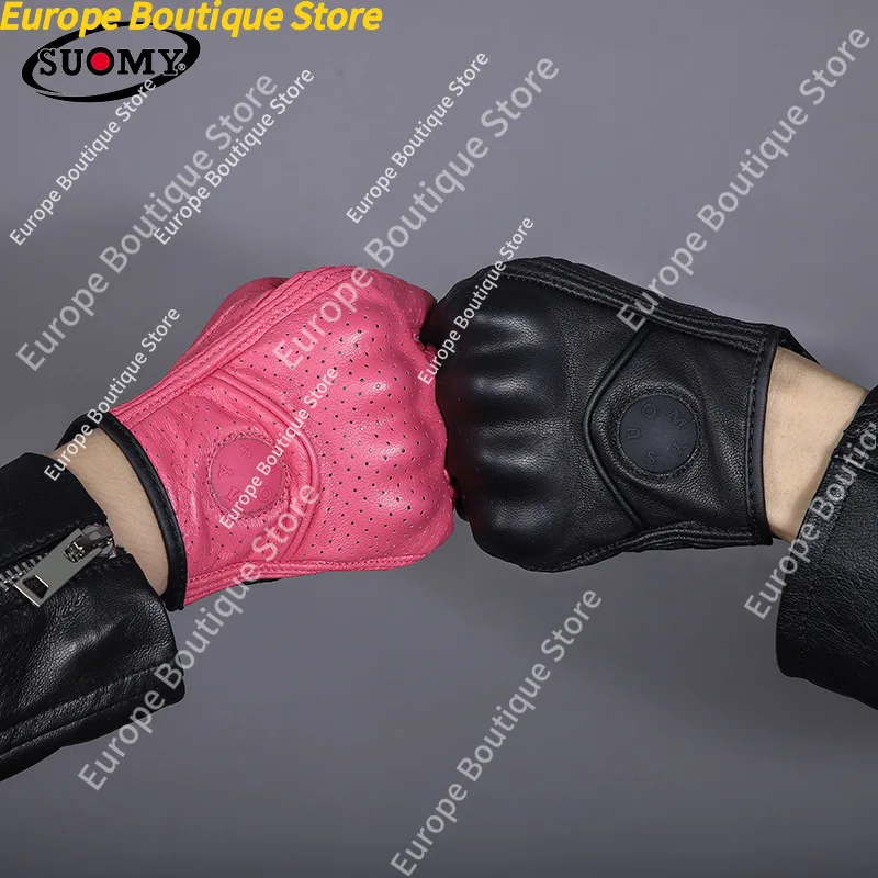 Retro Half Finger Motorcycle Gloves Genuine Leather Summer Anti Fall Breathable Riding Gear For Men Women view 5