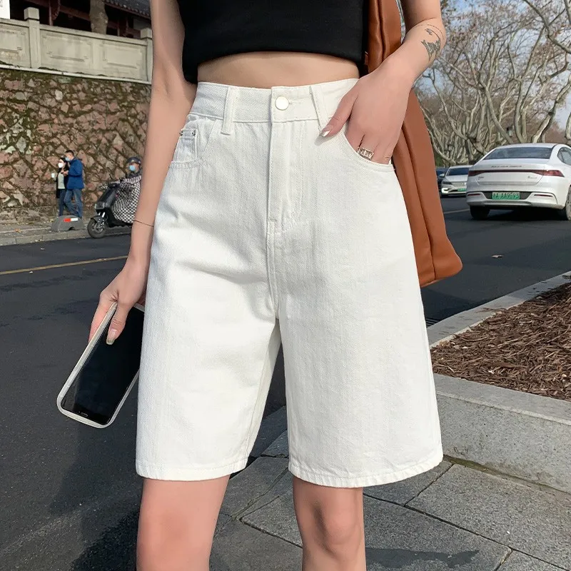 FINEWORDS Summer Vintage High Waist Bermuda Shorts Jeans Women Korean Casual Wide Leg Denim Shorts Streetwear Loose Middle Short