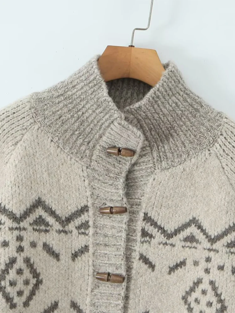 

Жаккардовый вязаный кардиган в стиле ретро, женский элегантный однобортный свободный свитер с высоким воротом, женская универсальная шикарная уличная верхняя одежда