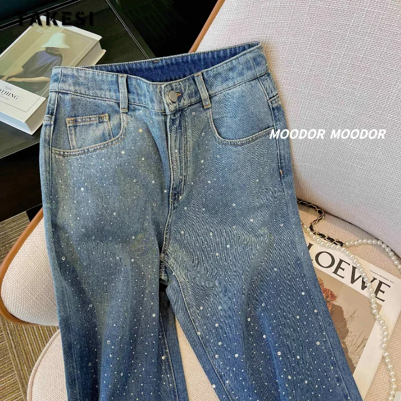 Vintage Dot Print High Waist Wide Leg Baggy Y2K Jeans Pants Korean Fashion Women High Street Style Blue Straight Denim Trouser