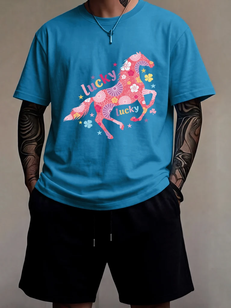 

Colorful Lucky Horse Printing Male Simple Summer Tees & Shorts Suits Basics O-Neck Streetwear Cotton Casual Running Short Sleeve