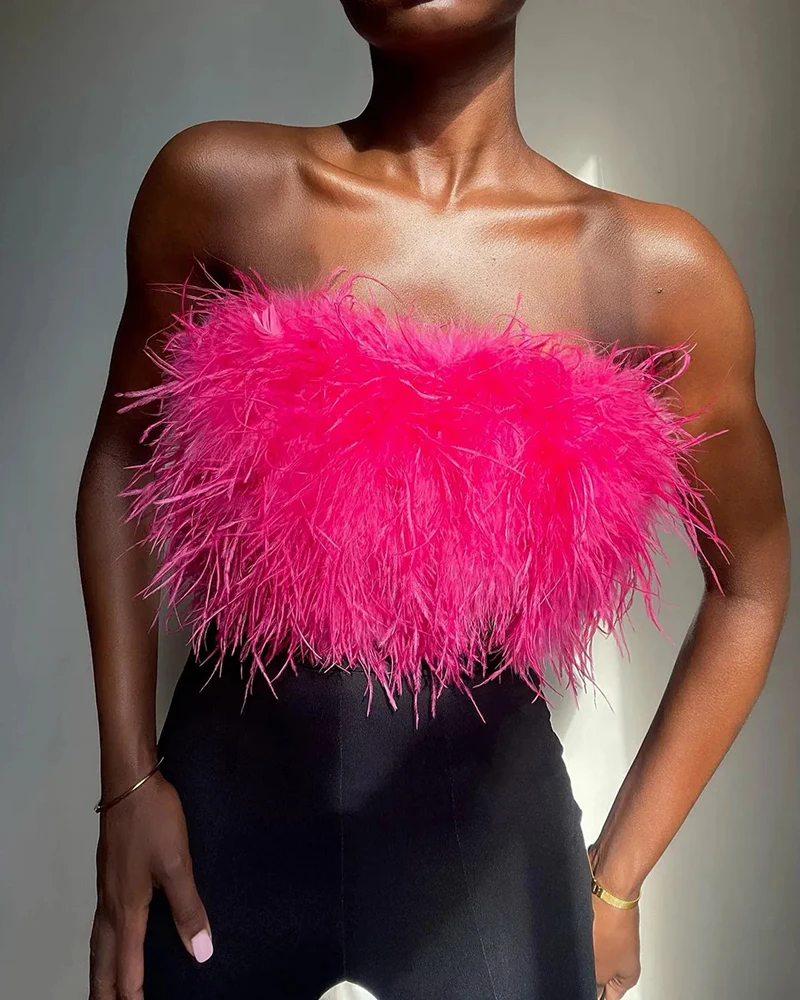 Sexy Feathers Women Cocktail Party Wrap Sexy Long Fur Nightclub Uperwear Elegant Summer Streetwear Fashion Evening Chest Wrap