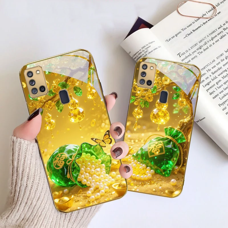 الأخضر لطيف محظوظ حقيبة لسامسونج A 70 71 72 73 14 15 13 16 25 A26 31 32 33 34 35 50 51 52 53 54 55 56 الزجاج الذهبي جراب هاتف