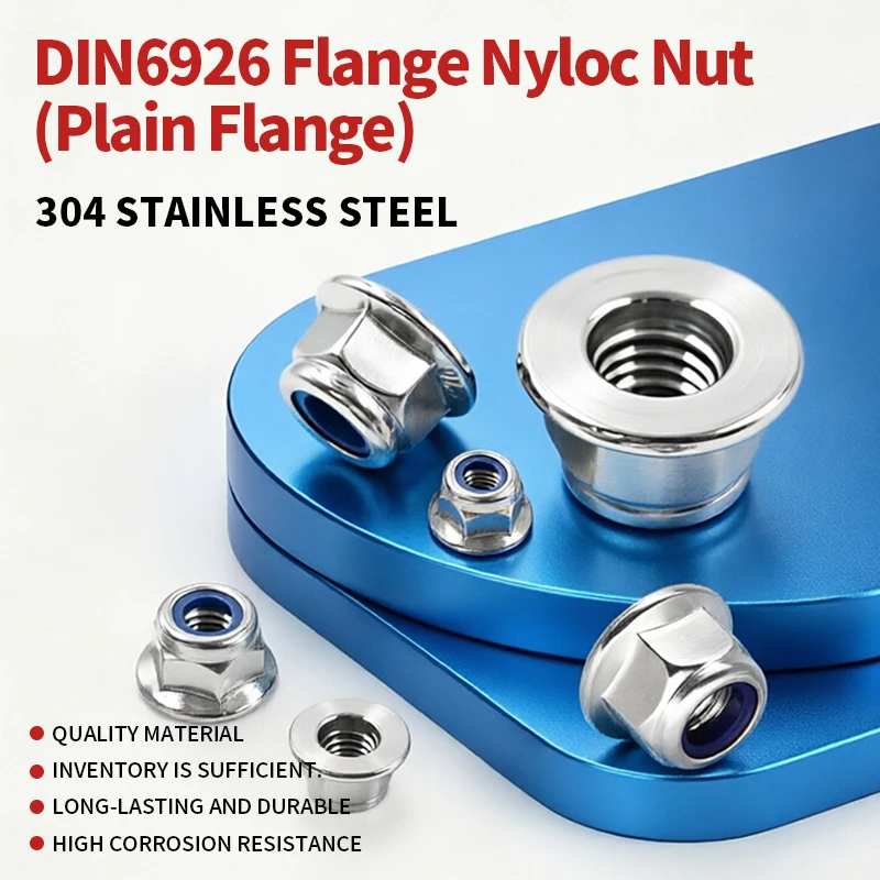 Plain Flange Nyloc Nut DIN6926 304 Stainless Steel Non-Serrated Nylon Insert Lock Nut M3 M4 M5 M6 M8 M10 M12 Flange Locking Nut
