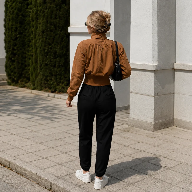 Women Cropped Jacket Brown Stand Collar Full Zip Long Sleeve Pockets Cinched Waist Fall Winter Vintage Casual Street Daily Wear