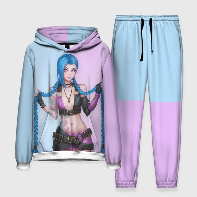 Anime arcano liga jinx gráfico hoodies calças 2 pçs conjunto impressão 3d das mulheres dos homens agasalho outfits casual harajuku pulôver jogger conjunto