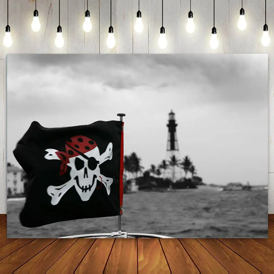 

Lighthouse Pirate Flag Ship Nautical Theme Blue Sea Landscape Backdrop Wooden Deck Background for Photoshoot Boy Birthday Banner