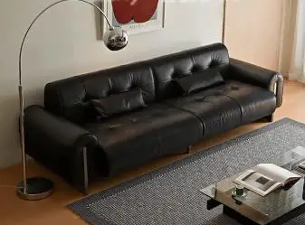 Sofa leather living room first layer cowhide French retro medieval black straight row three people