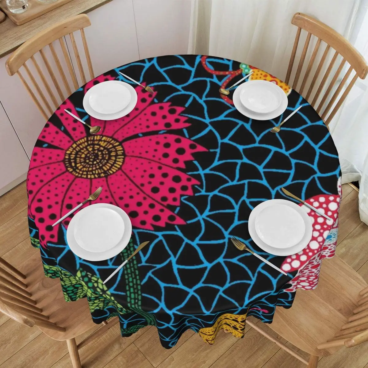 Custom Round Yayoi Kusama Flowers Tablecloth 60 inch Kitchen Dinning Table Cloth Spillproof Abstract Art Table Cover