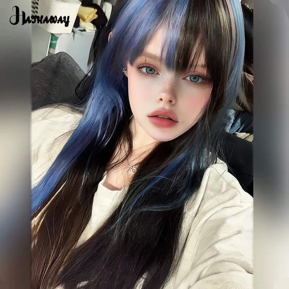 

24 Inch Long Straight Hair Female Synthetic Black Highlights Blue Wig Highlights Long Straight Hair Subculture Punk Jk Wig Daily