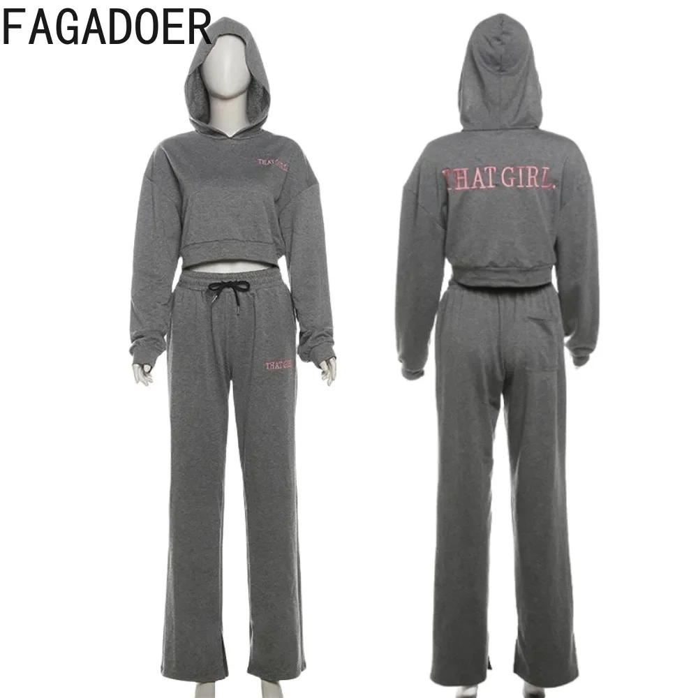 FAGADOER Embroidery Two Piece Set For Women Casual Solid Color Crop Hoodies+High Waist Drawstring Pants Suits Sportswear Autumn