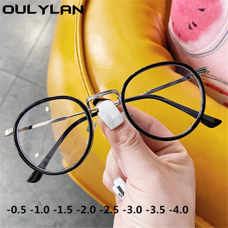 Oulylan Round Finished Myopia Glasses Women Anti Blue Light Nearsighted Eyeglasses Men Computer Prescription -0.5 1.0 1.5 TO-4.0