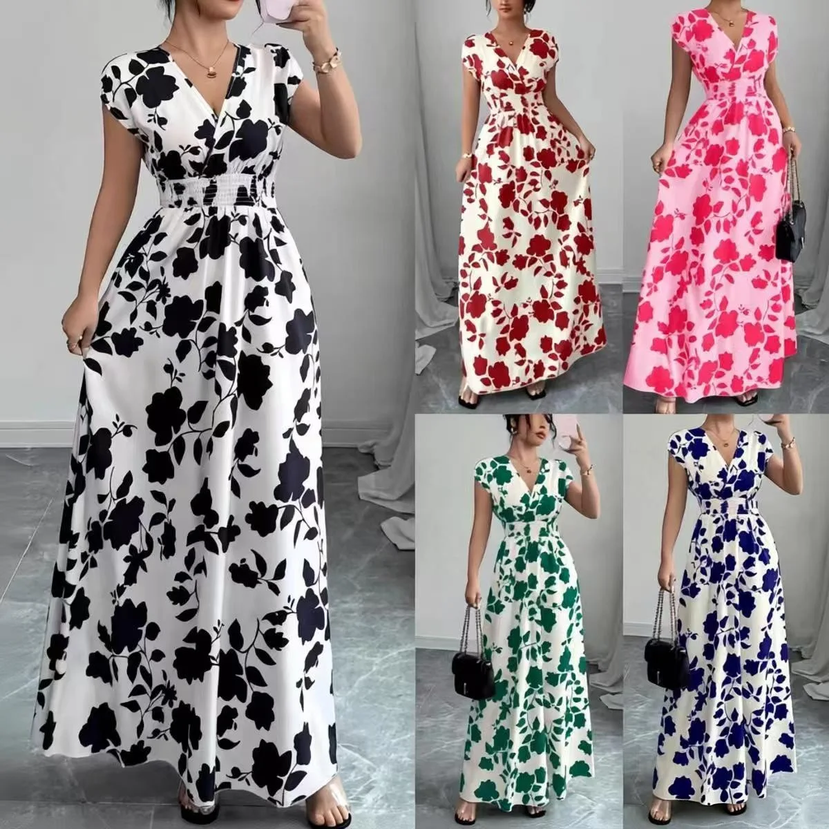 Summer Short Sleeve Tie Front V Neck Print Midi Dress Dresses for Women Spring Summer Floral Casual Maxi Dresses with Waist Tie