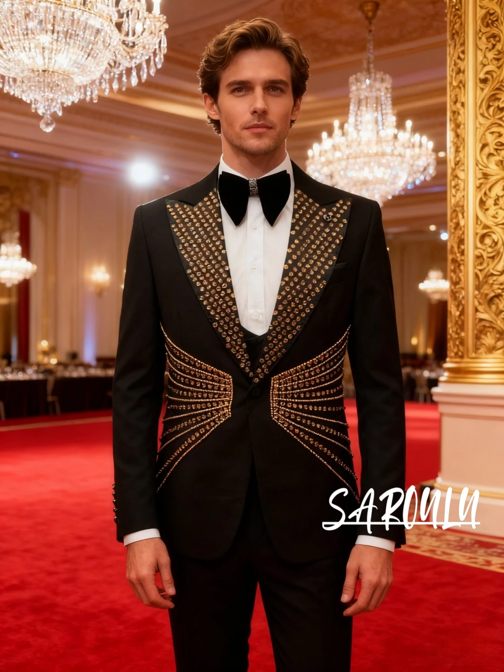 

Черный смокинг для официальных мероприятий, мужской костюм из 3 предметов с золотыми стразами, стильная одежда для жениха, изысканный комплект для танцевальной вечеринки, Лидер продаж