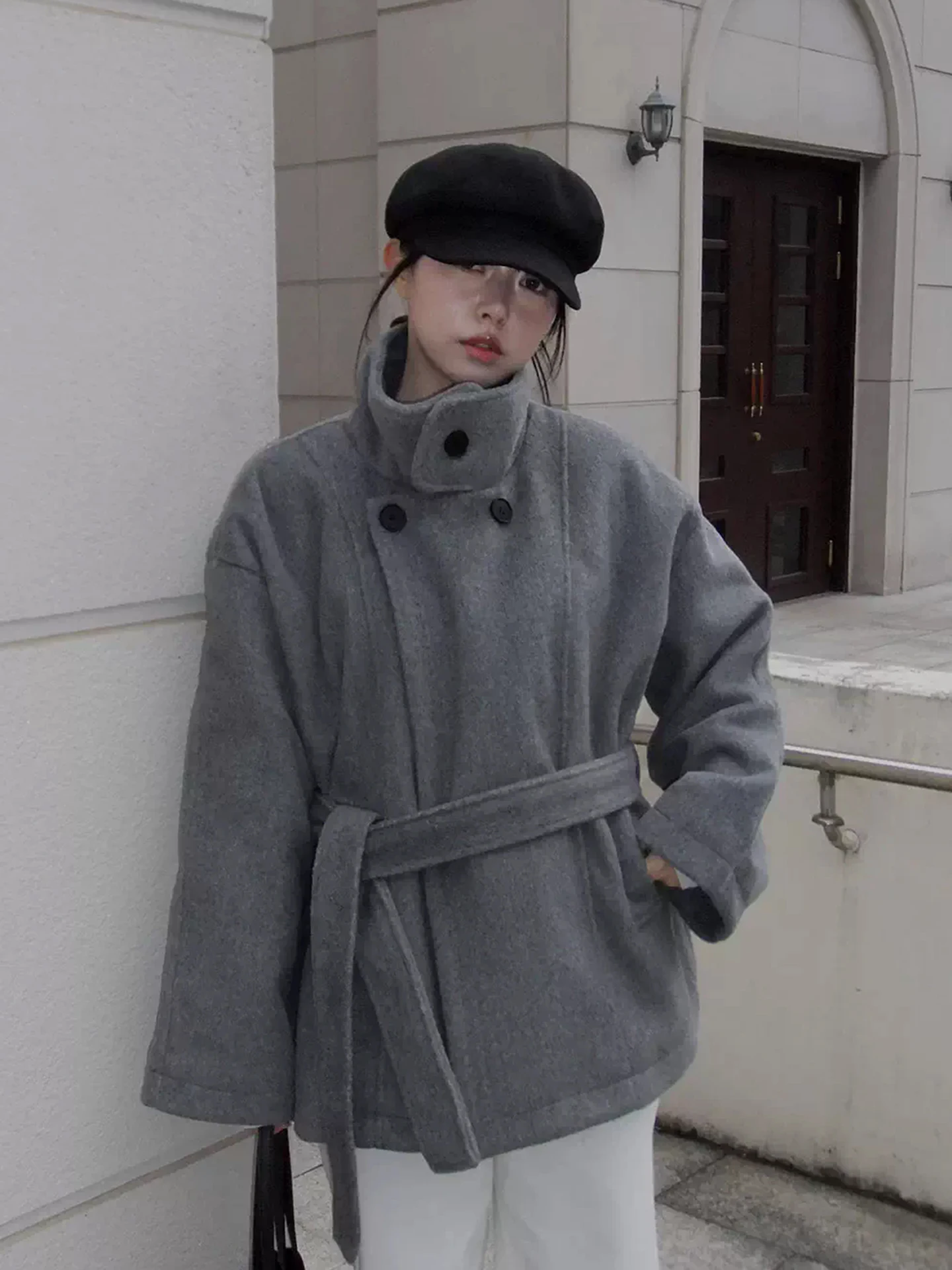 

Thiened Woolen Coat Korean Sle Belted Waist Tie Winter New Arrival Women's Faion Outerwear ort Length Double Button