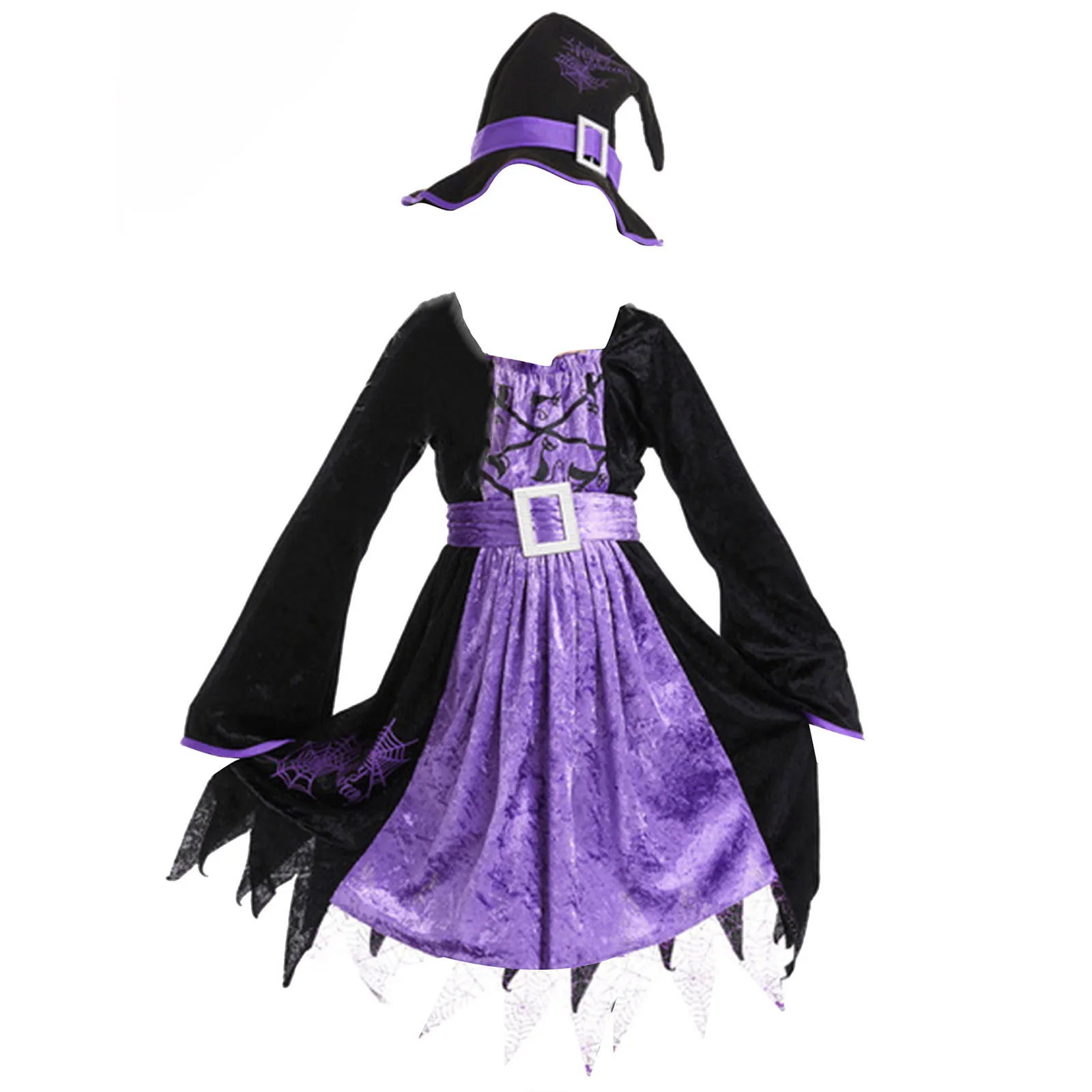 Halloween Witch Cosplay Costume Kid Girls Little Long Sleeve Irregular Hem Dress with Waistband Witch Hat Fancy Dress Up Costume