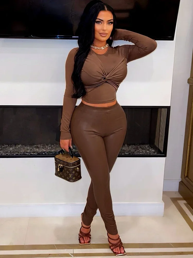 Laxsesu Hottie hipster 2-delige set dames o-hals kruis ruches volledige mouw + kunstleer stretch legging straat trend pakken