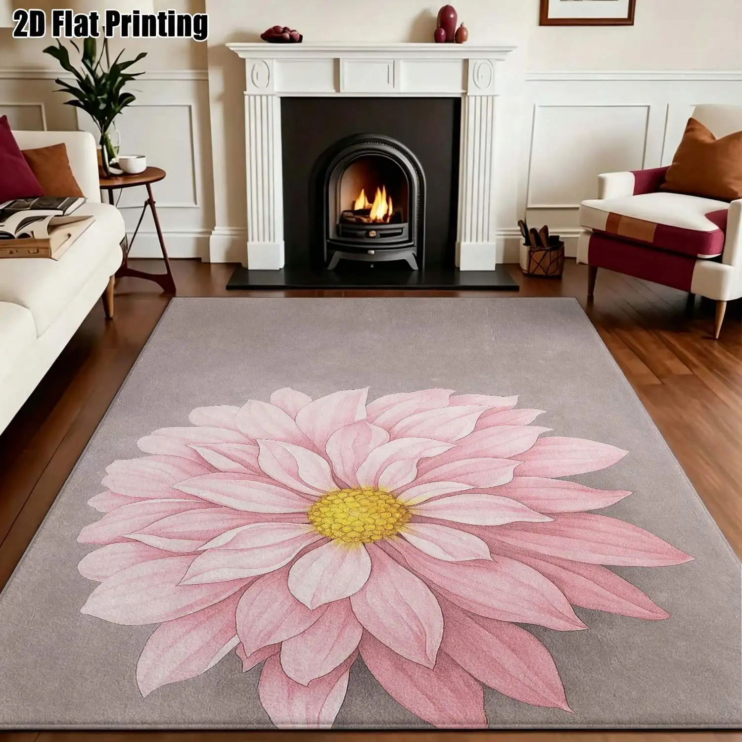 1Pc 2D Printed Pink Flower Nordic-Style Carpet, Instagram-Inspired Modern Minimalist Floor Mat, Home Decor, Multi-Size, Machine Washable, Suitable for Entrance, Dining Room, Foyer, Bedroom, Living Room