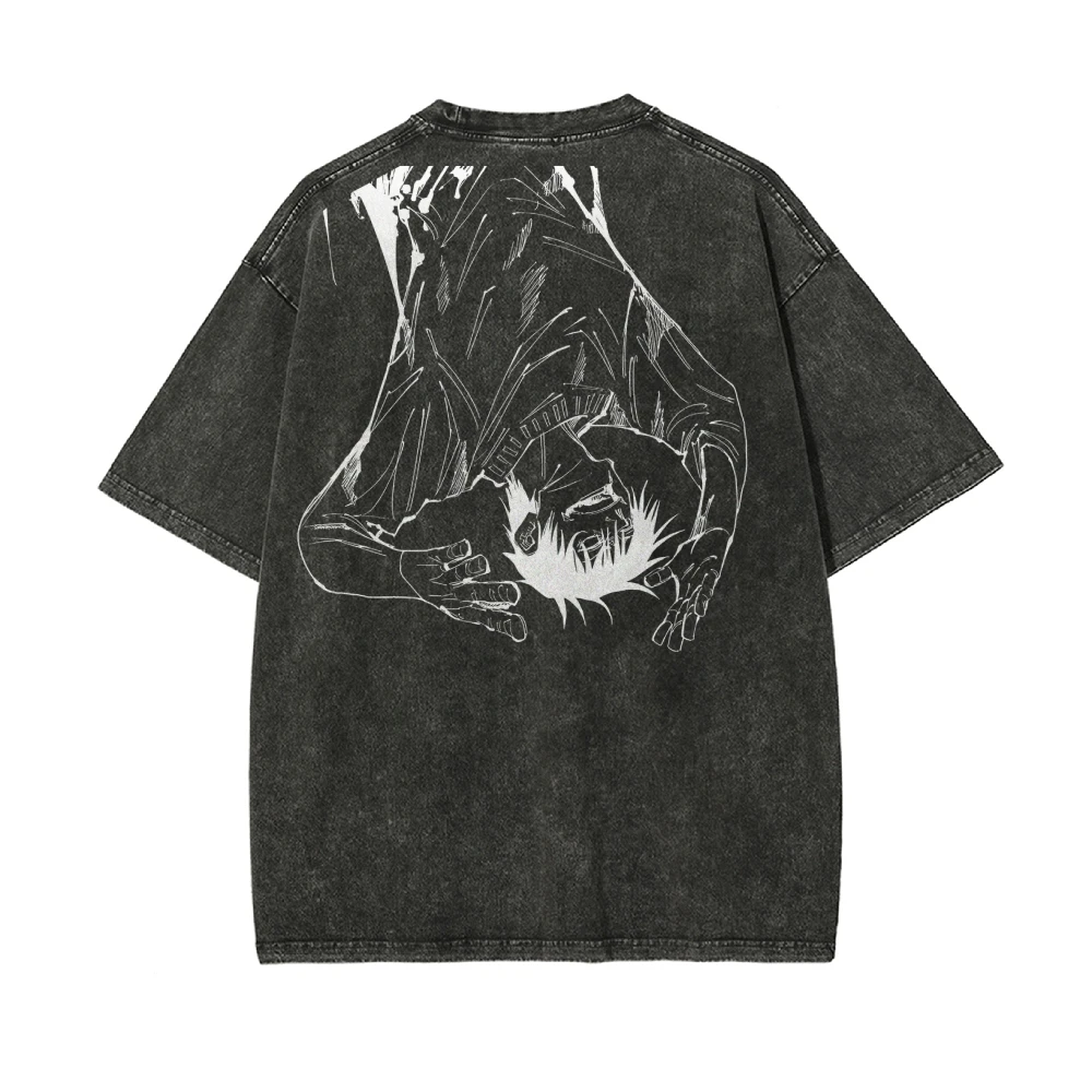 Retro Old T-Shirt Hand-Painted Simple Lines Washed Denim Print High Gram Weight Shoulder Round Neck New Short Sleeves