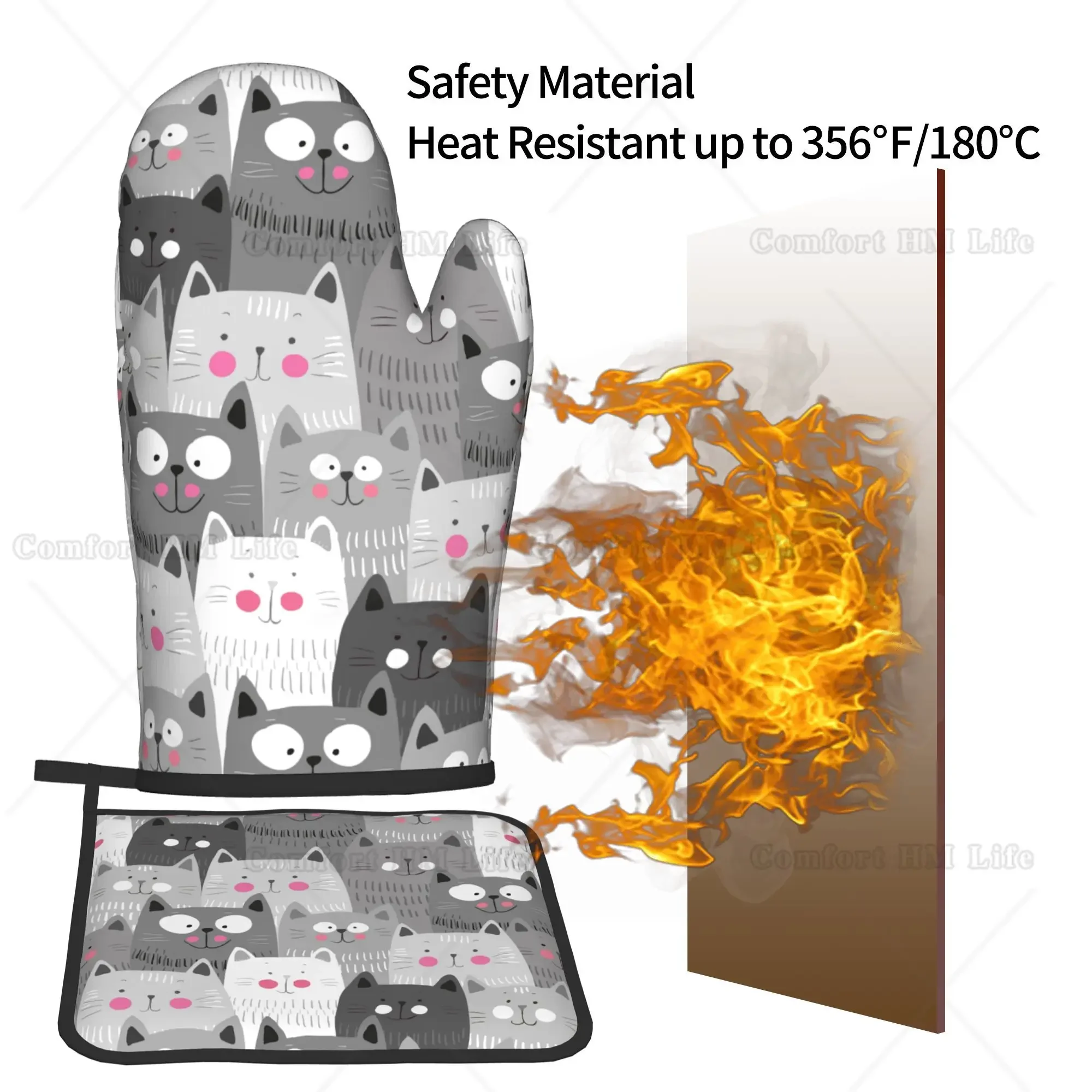 Cute Cats Oven Mitts and Pot Holders Insulated Gloves & Kitchen Counter Safe Mats for Cooking BBQ Baking Grilling 2 Pieces Set