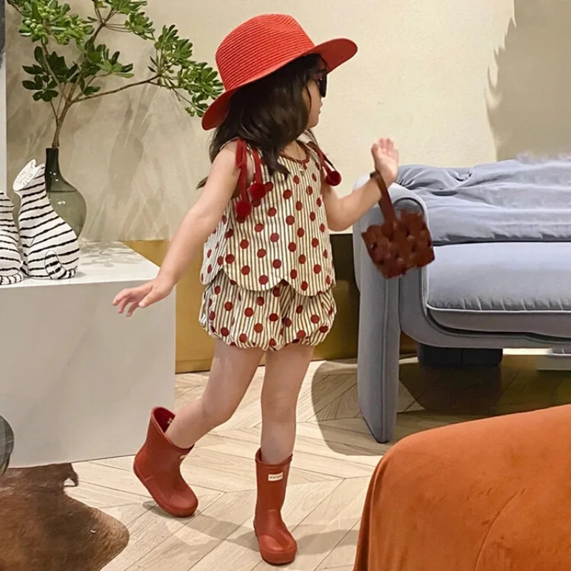 

Red Polka Dot Vest, Polka Dot Striped Sleeveless Top, Lantern Pants, Shorts Two-piece Set for Girls, Cotton 2025 Summer New Item