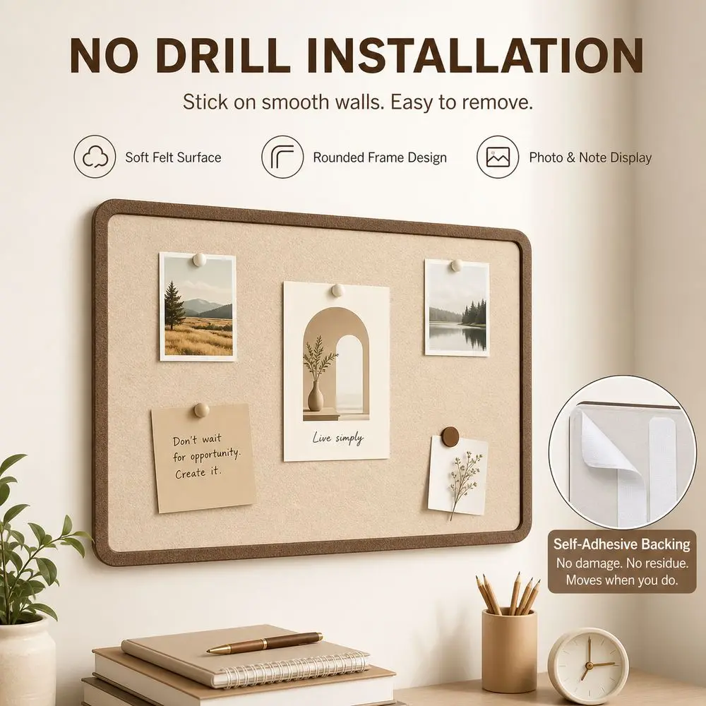 Self Adhesive Felt Bulletin Board Rounded Frame Wall Mounted Wall Memo Board No Drill Design Decorative Pin Board Home Office