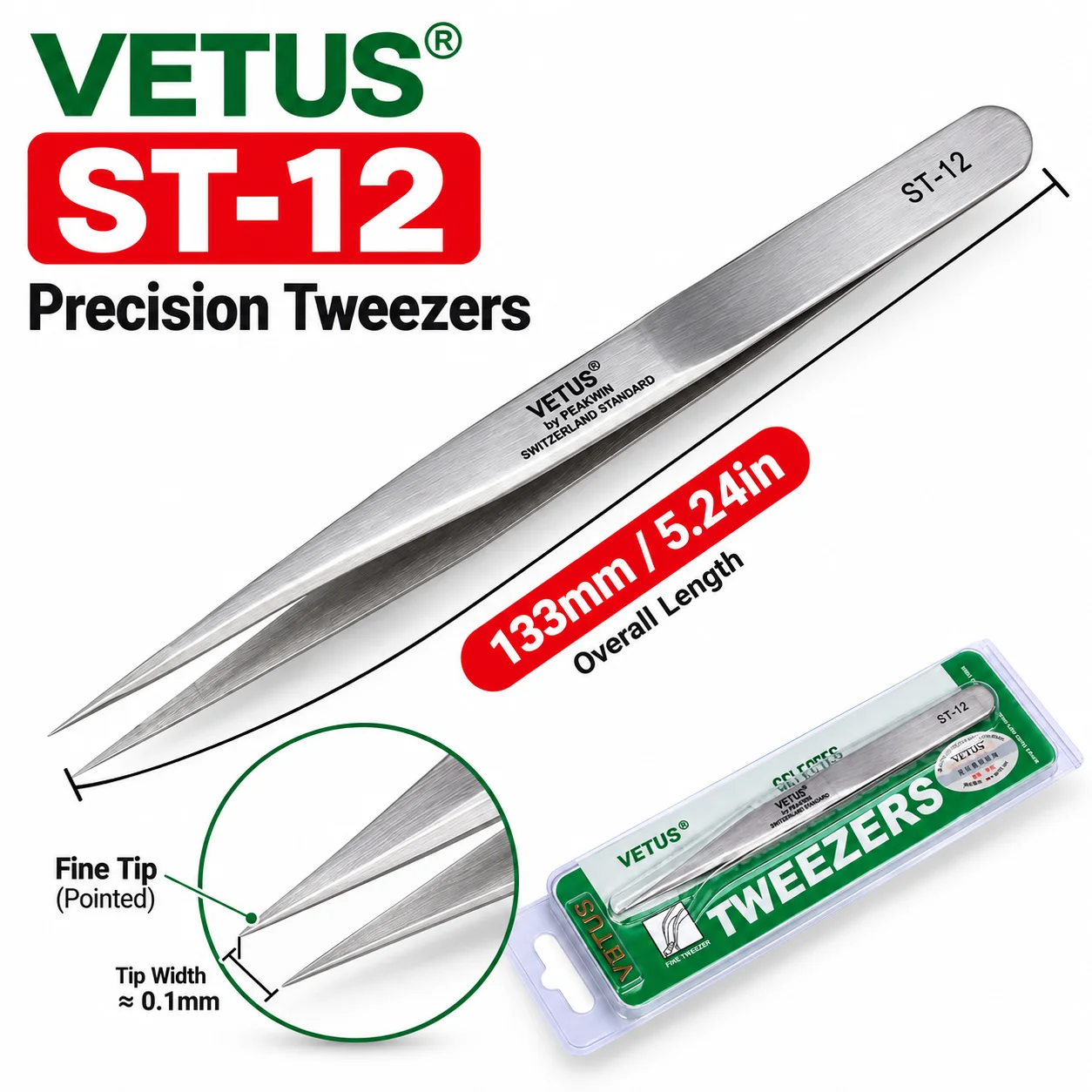 1 Stück Vetus Edelstahl-Pinzette Elektronik HRC-40 Präzisions-DIY-Pinzette Handwerkzeuge ST-12 – Detail 4