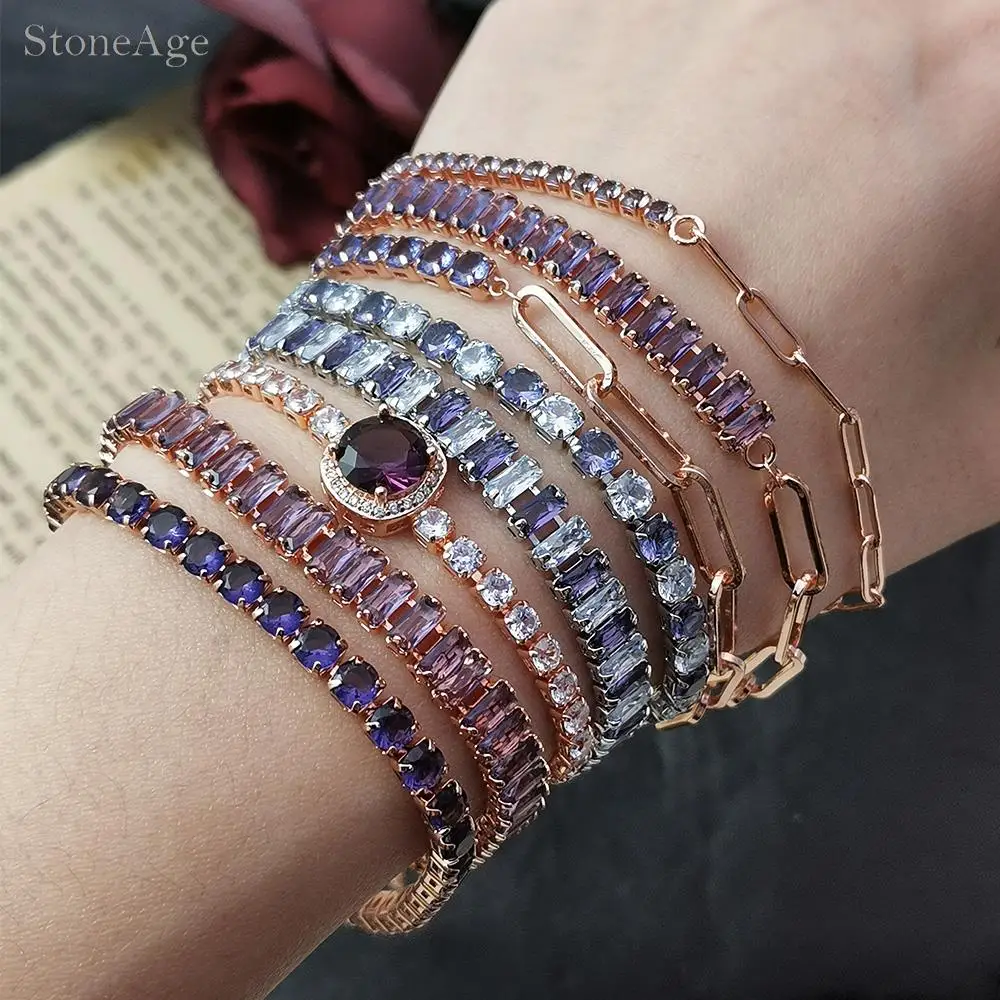 Adjustable Folding Buckle Trendy Purple Zirconia Crystal Tennis Bracelets for Women Dainty Hand Chain Gifts for Female Jewelry